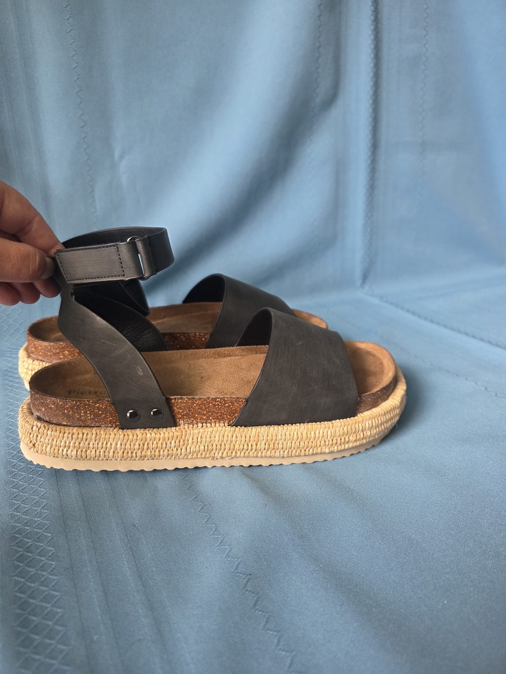 Pierre Dumas Black Ankle Strap Espadrille Sandals Cork Foot Sz 9 Chunky Comfort